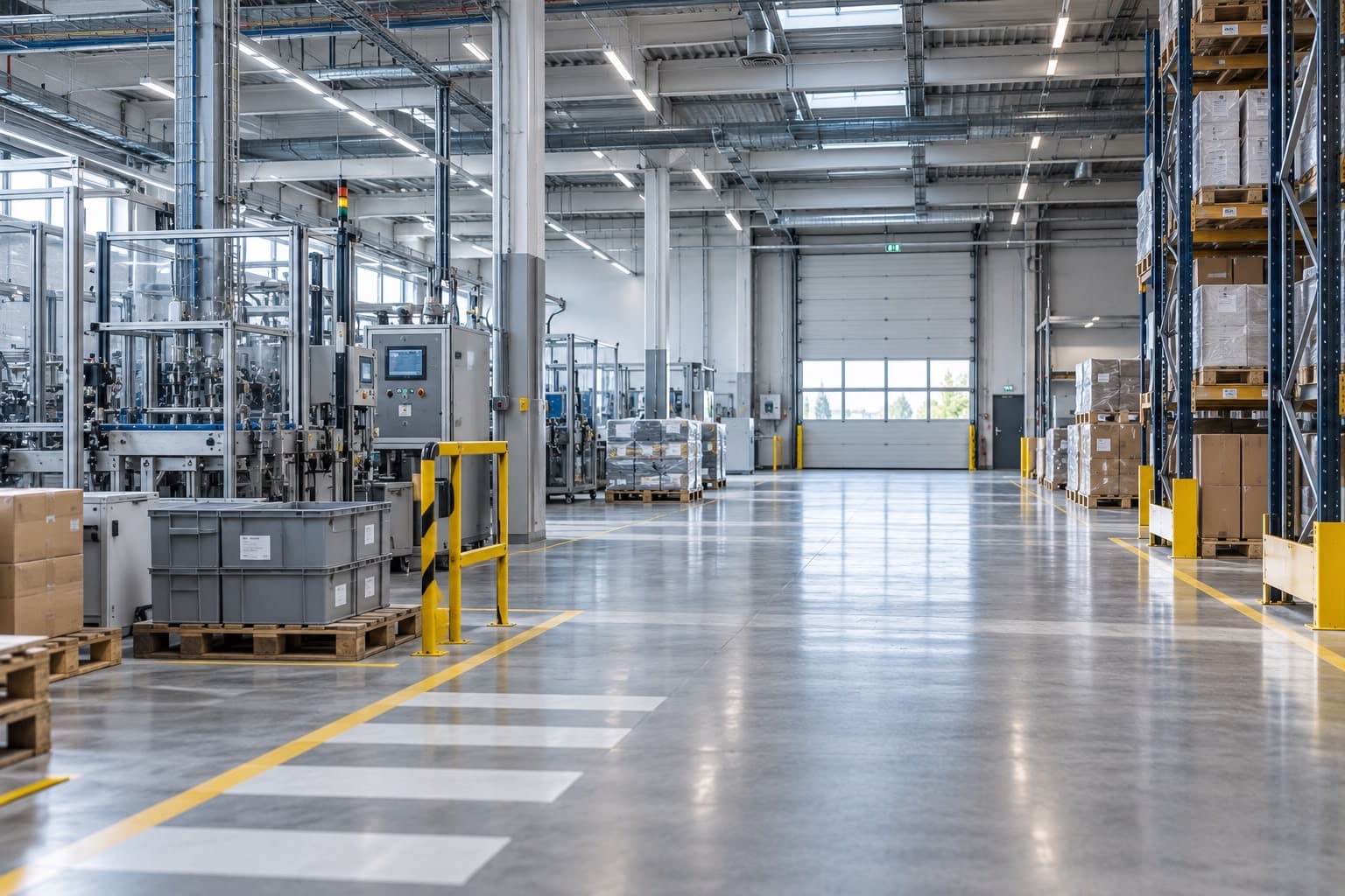 Gereinigte Produktions- und Lagerhalle mit markierten Verkehrswegen